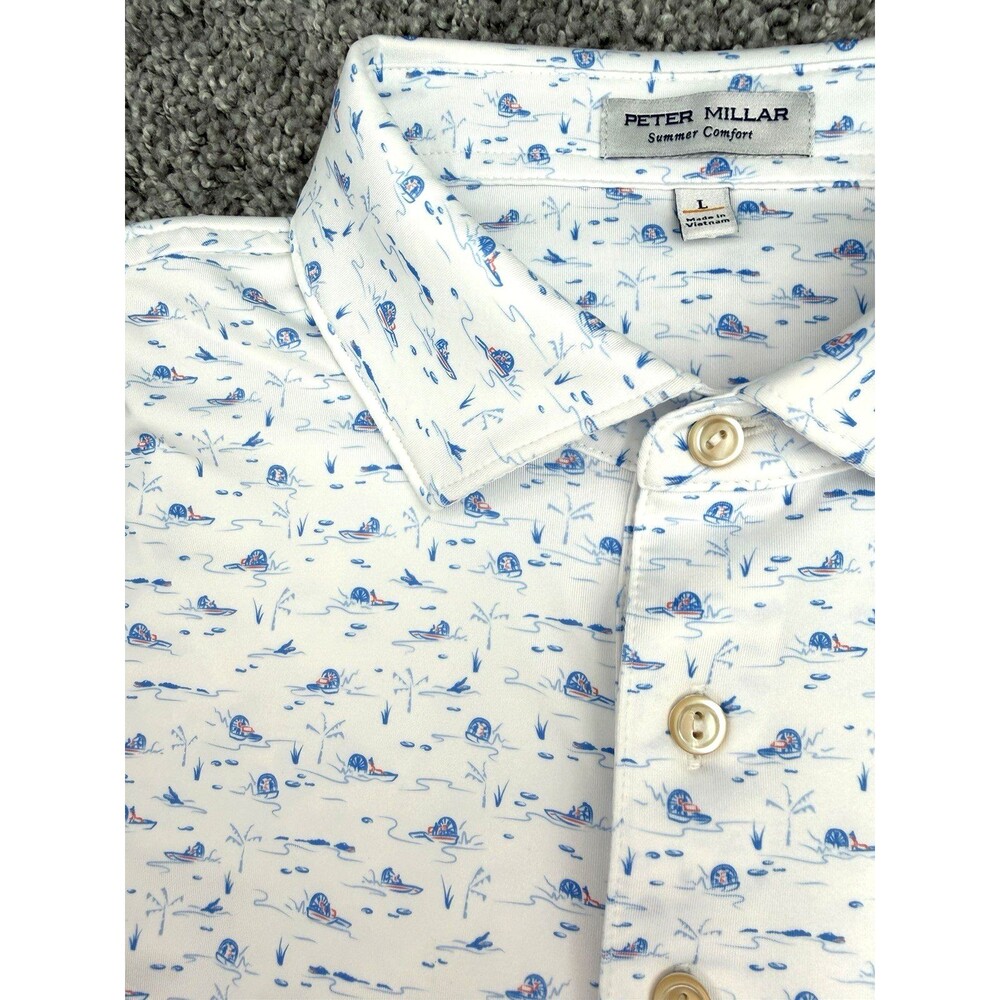 Peter Millar Summer Comfort Men's L Everglades AOP White Performace Golf Polo
